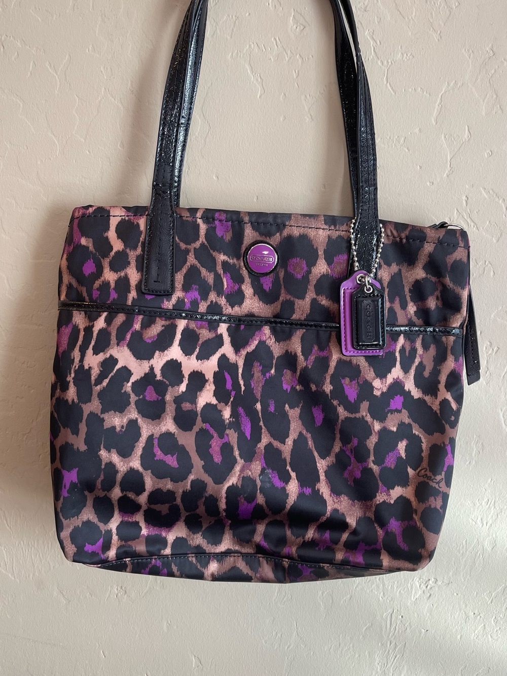 Coach Leopard-Print Tote in Black, Brown & Purple y2k animal print sateen